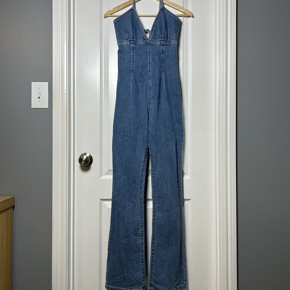 MORE TO COME Reformation Cotton Medium Wash Blue Denim Chiara Tie Back Jumpsuit